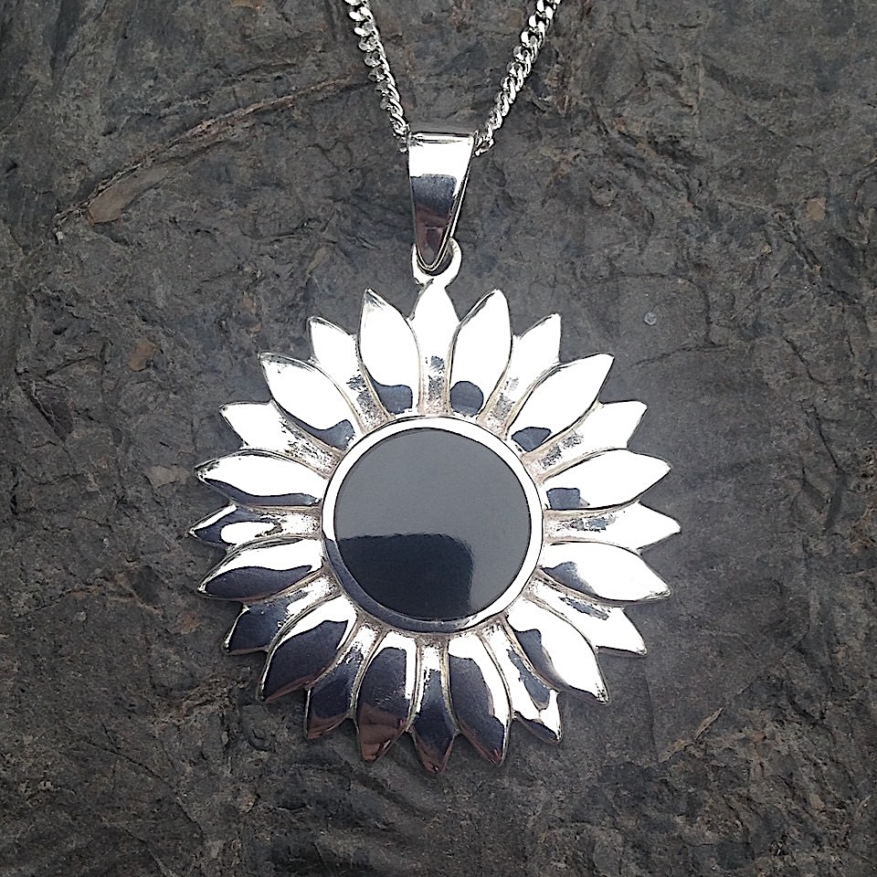 Whitby Jet sunflower pendant